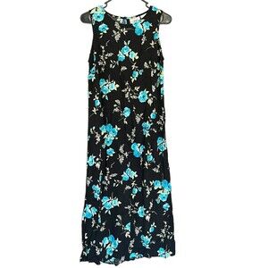 Vintage Floral Patterned Black Grunge Punk Long Sleeveless Maxi Dress Size 10